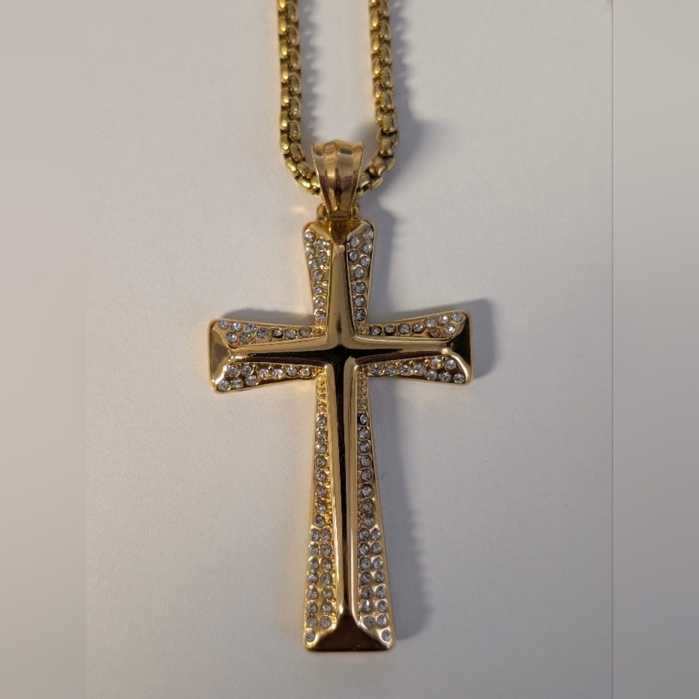 Gold Stainless Steel Cross Pendant Necklace with Crystal Accents